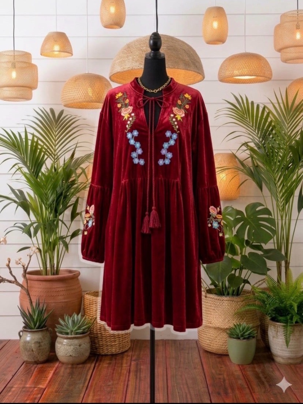 Garnet Embroidered Velvet Bohemian Dress/Tunic 3X